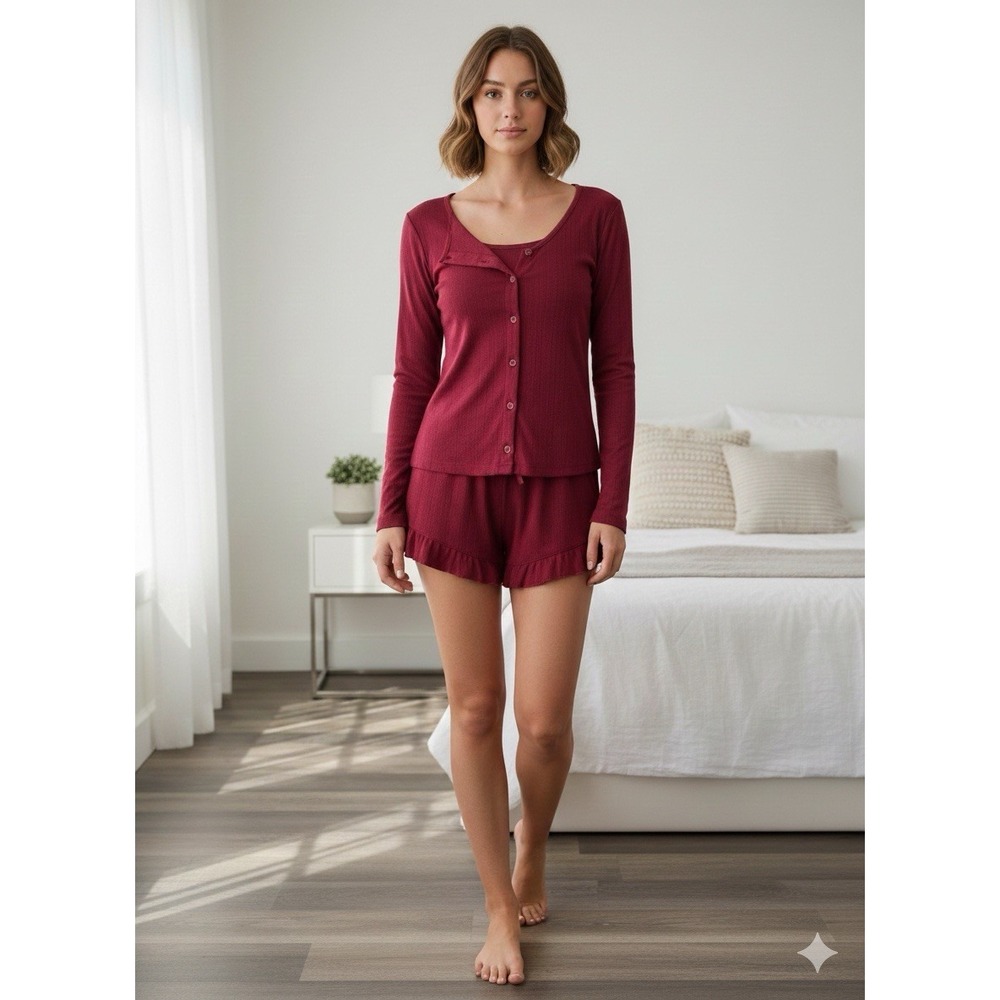 Women's XS Burgundy Long Sleeve Shorts Pajama Lounge Set NWT